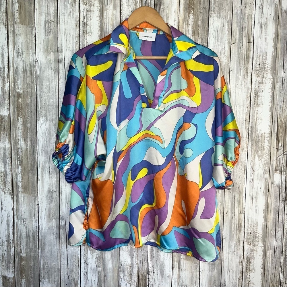 Adrienne Abstract Print Oversized Popover Blouse Blue Orange Purple Medium